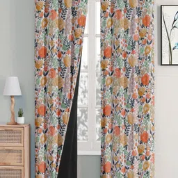 Cloth Fusion White & Orange 2 Pieces Floral Printed Silk Black Out Door Curtains-image-49