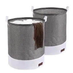 Kuber Industries Grey & White 2 Pieces Foldable Cloth Basket With Handle - 43 L-11
