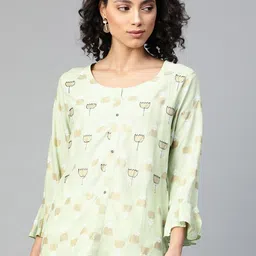 HIGHLIGHT FASHION EXPORT Green & Golden Foil Printed Bell Sleeves Top-image-73