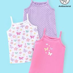 Babyhug 100% Cotton Knit Sleeveless Antibacterial Slips Butterfly & Polka Dot Print Pack of 3 - Pink Purple & White-image-90