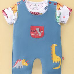 Mini Taurus Cotton Dungaree Style Romper with Half Sleeves Inner Tee Dino Print - Blue-image-9