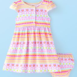 Babyhug Single Jersey Knit Cap Sleeves Frock with Bloomer Heart Print - Multicolor-image-6