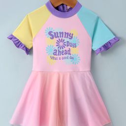 Kookie Kids Half Sleeves Frock Swimsuit with Frill Detailing Text & Floral Print -  Pink-image-31