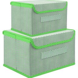 Kuber Industries Drawer Storage Box  Zig Zag Dhakkan Storage Box  Non-Woven Clothes Organizer  Storage Box with Handle  S  M  Pack of 2  Green-17