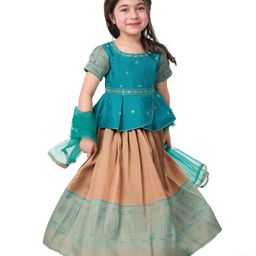 Babyhug Woven Short Sleeves Brocade Pattu Pavada Lehenga Choli & Dupatta Set with Floral Embroidery - Green-image-56