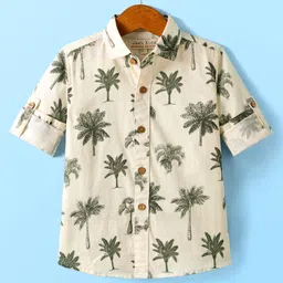 JASH KIDS Cotton Knit Full Sleeves Beach Theme Printed Shirt - Olive Green-picture-6