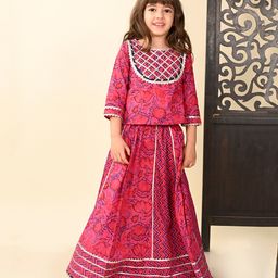 Superminis Three Fourth Sleeves Gota Lace Detailed Floral Printed Ethnic Lehenga Choli Set - Pink-image-50