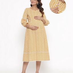 Ikk Kudi by Seerat Cotton Woven Three Fourth Sleeves Abstract  Printed Dress With Concealed Zipper Nursing Access - Yellow-image-61