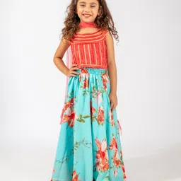 Elaisha Sleeveless Ruffle Detailed Top & Floral Printed Skirt With Dupatta Set - Coral & Turquoise-picture-25