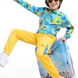 Ollington St. 100% Cotton Knit Full SleevesSweatshirt & Joggers Set with Beach Theme Print -Yellow & Blue-picture-4