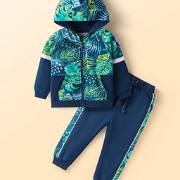 Babyhug Terry Knit Full Sleeves Tropical Theme Printed Hooded Sweat Jacket & Lounge Pant Set - Navy Blue-image-38