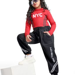 Ollington St. Cotton Rib Full Sleeves Turtle Neck Top & Cargo Joggers Set With Text Print - Red & Black-picture-18