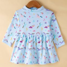 CUCUMBER Intelock Knit Full Sleeves Frock with Rainbow & Unicorn Print - Light Blue-picture-7