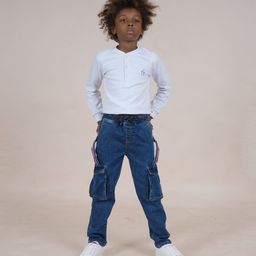 Kiddopanti Cotton Full Sleeves Solid Henley Neck Tee & Denim Jeans - White & Dark Blue-27