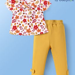 Babyoye 100% Cotton Knit With Eco Jiva Finish Half Sleeves Floral Printed Top & Lounge Pant Set with Bow Applique - White & Mustard-image-29
