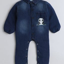 Polka Tots Denim Puff Sleeve Panda PrintedFootsie Romper - Blue-image-90