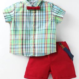 ToffyHouse Poplin Woven Half Sleeves Checks Shirt & Shorts Set with Bow & Suspender - Green Red-image-70