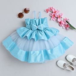 TINY MINY MEE Elastane Sleeveless Bow Applique Detailed & Colour Blocked Dress - Blue-image-57
