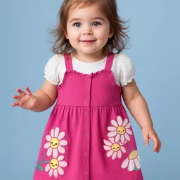Babyoye 100% Cotton Interlock Knit Frock With Inner Tee Eco Jiva Finish & Floral Print - Pink & Bright White-picture-3
