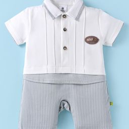 Mini Taurus Interlock Woven Half Sleeves Collared Romper with Stripes & Patch Detailing - Light Grey-image-96