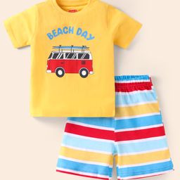 Babyhug Cotton Knit Half Sleeves Shorts Night Suit with Beach Theme Print & Stripes - Yellow-image-32