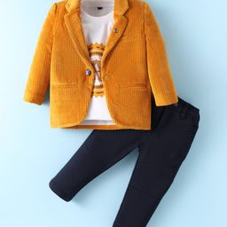 Dapper Dudes Full Sleeves Ribbed Blazer With Abstract Printed Tee & Pant Set - Mustard-image-94