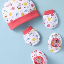 Ben Benny 100% Cotton Knit Cap Mitten & Booties Set With Space Theme Print Light Red - Diameter 11 cm-picture-22