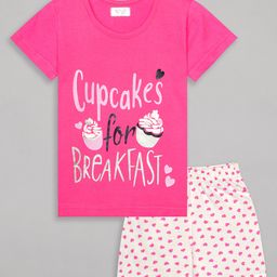 Sheer Love Cotton Jersey Half Sleeves Cupcakes For Breakfast Text & Hearts Printed Night Suit Set - Fuschia & Pink-image-99