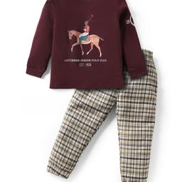 CUCUMBER Cotton Knit Full Sleeves T-Shirt & Checks Lounge Pant Set With Animal Print - Maroon-image-76