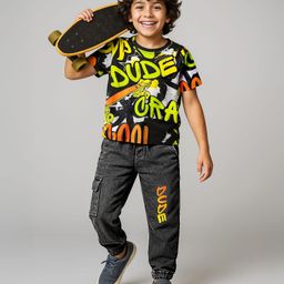 OLLINGTON ST. Sinker Cotton Knit Half Sleeves T-Shirt & Stretchable Denim Joggers with Text Print - Multicolor & Black-picture-25