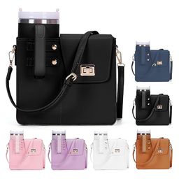 House of Quirk Outdoor Portable Crossbody Tumbler Holder Bag with Purse Compartment Travel Water Bottle Carrier for Hiking Walking Camping - Black-image-68