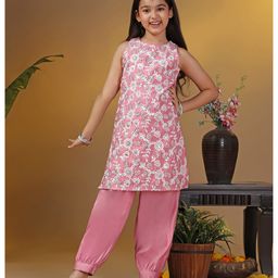 Fashion Dream Silk Woven Sleeveless Floral Embroidered Sequins Embellished Kurti Salwar Set - Light Pink-picture-46