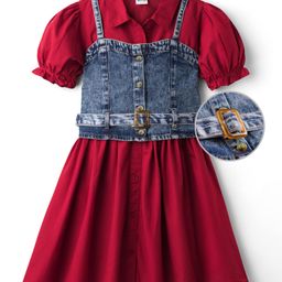 Hola Bonita Woven Half Sleeves Solid Shirt Dress with Denim Jacket - Maroon-picture-11