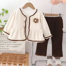 Googo Gaaga Cotton Knit Ribbed Top Trousers With Full Sleeves Flower Applique Detailed Light Winter Sweater - Cream-picture-35