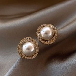 DIVASTRI Korean Gold Plated Artificial Stones Studded & Pearls Beaded Contemporary Studs-3