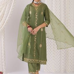 Indo Era Floral Embroidered Zari Straight Kurta with Trousers & With Dupatta-picture-37