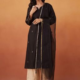Fabindia Ethnic Motifs Embroidered Sweetheart Neck Cotton Silk A-Line Kurta With Dupatta-29