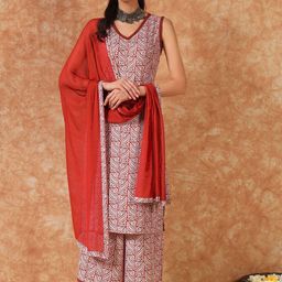 Meeranshi Ethnic Motifs Printed V-Neck Sleeveless Pure Cotton Kurta With Palazzo & Dupatta-picture-29