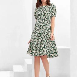 SELVIA Green & White Printed A-Line Dress-picture-38