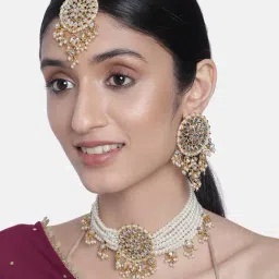 Peora Gold-Plated & White Kundan & Pearls Studded Multistrand Choker Set-image-68
