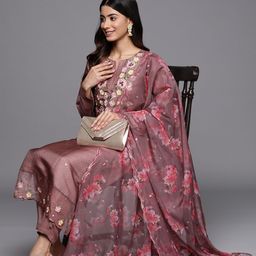 Libas Women Mauve Floral Yoke Design Thread Work Kurta with Trousers & With Dupatta image 1