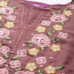 Libas Women Mauve Floral Yoke Design Thread Work Kurta with Trousers & With Dupatta image 2