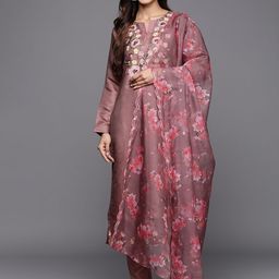 Libas Women Mauve Floral Yoke Design Thread Work Kurta with Trousers & With Dupatta image 5