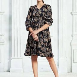 SELVIA Beige & Black Printed A-Line Dress-image-4