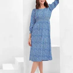 SELVIA Blue & White Printed Midi Dress-image-72