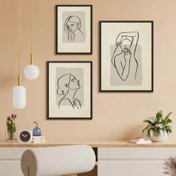 999Store Cream Canvas Women Face And Figure Graphic Line Wall Painting - Set of 3-32