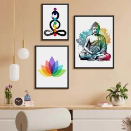 999Store Multicolor Canvas Lord Buddha With Flower Design Wall Painting - Set of 3-5