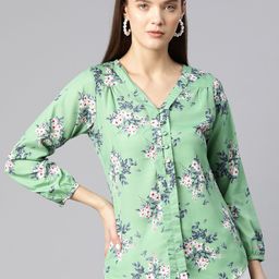 Ives Floral Print Puff Sleeves Crepe Shirt Style Top-picture-35
