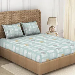Spaces Printed Light Blue 144 TC Cotton King Fitted sheet with 2 Pillow Covers-image-56