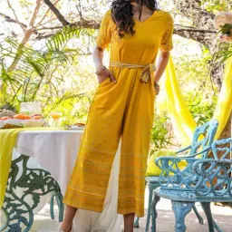 Juniper Mustard Ethnic Motif Printed Rayon Flex Jumpsuit-3